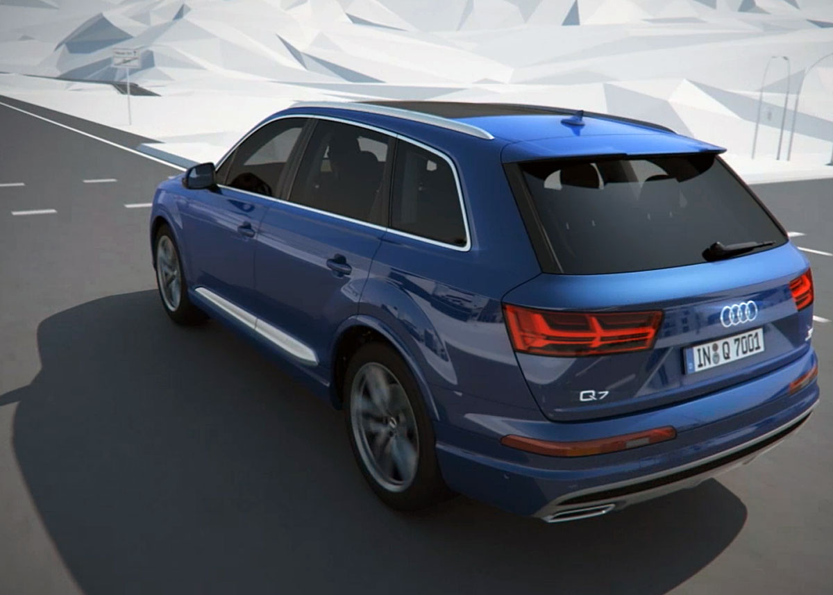 Audi Q7 aflæser farttavler og byzoneskilte og kombinerer det med fartgrænser fra det indbyggede kort. Den lovmæssige fartgrænse overføres automatisk til fartpiloten. Illustration: Audi