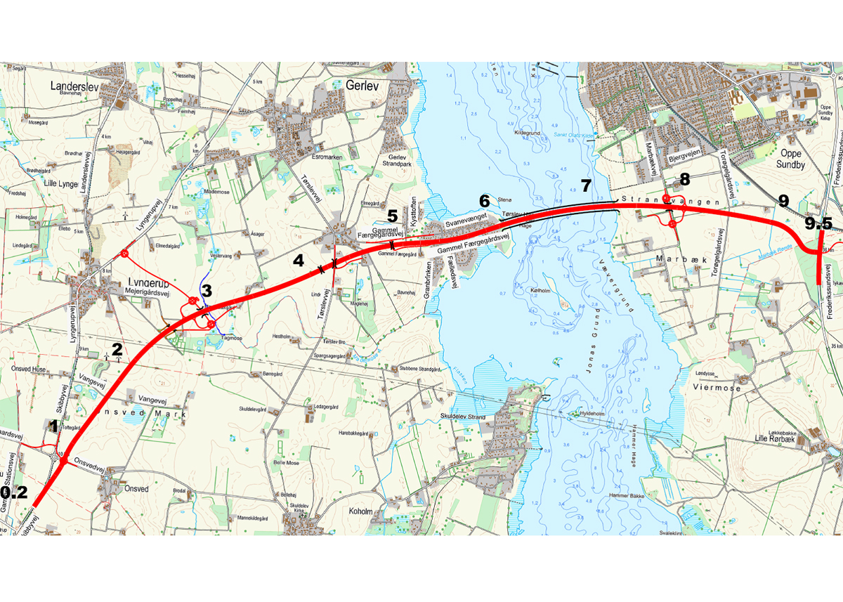 Den ti km lange motortrafikvej bliver en omfartsvej til Frederikssund (i det nordøstlige hjørne af kortet)