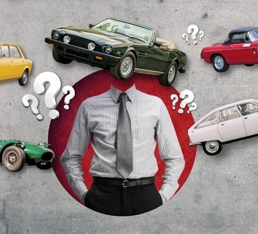 Collage/illutration med mand, der har en klassisk bil som hoved
