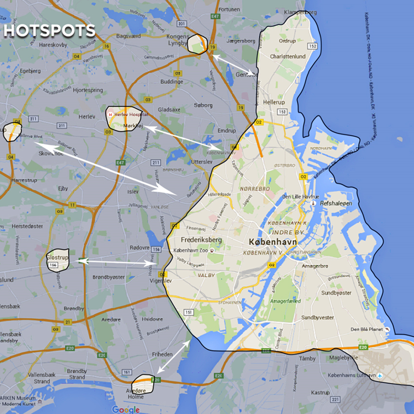 Green Mobility har tidligere vist dette zonekort som udtryk for sin ambition på formentlig ret kort sigt. Stamholmen i Avedøre er med fra start. Lidt forvirrende kaldes de små satellitter uden for centrum hotpots lige som p-husene.